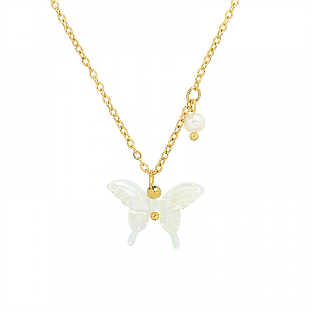Right Grand Trendy Fashion Women Collier De Perles 18K Gold Plated White Shell Carved Stainless Steel Freshwater Pearl Butterfly Necklace, color: 18K Gold, size: 40cm+5cm Extension