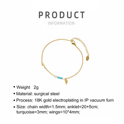 Right Grand New Unique Design Boho Stainless Steel Girls Turquoise Angel Wing Jewelry 18K Gold Plated Anklets For Women, color: 18K Gold, size: Anklet