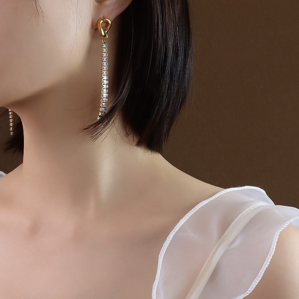 Right Grand New Arrival Trendy Luxury Women Fashion Stainless Steel 18k Gold Plating Diamond Tennis Chain Zircon Drop Earrings, color: 18K Gold, size: Earring
