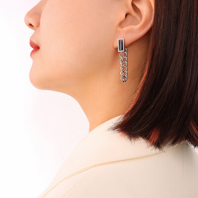 Right Grand New Trendy Women Vintage Stainless Steel Green Square Diamond Tassel 18k Gold Plated Long Zircon Dangle Chain Earrings