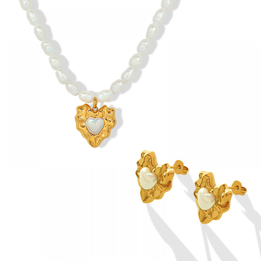 Right Grand Popular French Vintage Stainless Steel Heart Shaped Pendant Necklace Earrings Freshwater Pearl Costume Jewelry Sets 18k Gold Plated