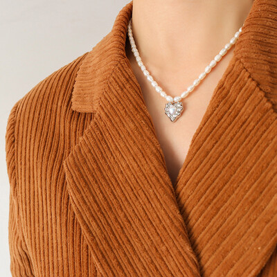 Right Grand Popular French Vintage Stainless Steel Heart Shaped Pendant Necklace Earrings Freshwater Pearl Costume Jewelry Sets 18k Gold Plated