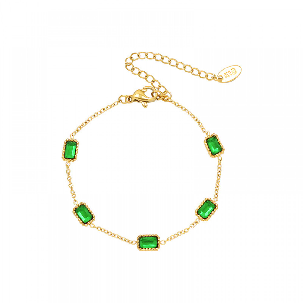 Right Grand New Unique Design Vintage Fashion Stainless Steel 18K Gold Plated Green Square Inlaid Emerald Jewelry Zircon Bracelet Women, color: 18K Gold, size: Bracelet