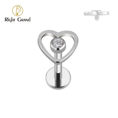 Right Grand Grade ASTM F136 Titanium Internally Threaded Heart Round Small CZ Earrings Piercing Flat Back Labret Lip Tragus Helix Cartilage Flat Piercing