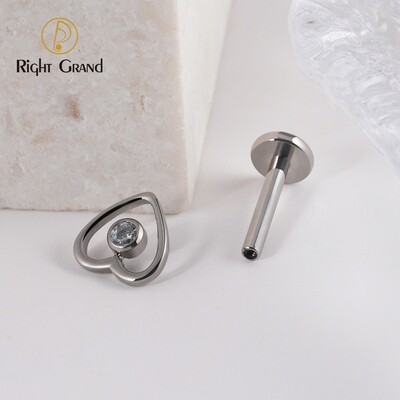 Right Grand Grade ASTM F136 Titanium Internally Threaded Heart Round Small CZ Earrings Piercing Flat Back Labret Lip Tragus Helix Cartilage Flat Piercing