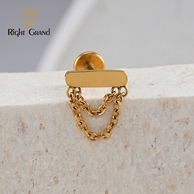Right Grand ASTM F136 Titanium Double Chains Tassel Bar Stud Earring Internally Threaded Helix Cartilage Tragus Monroe Piercing