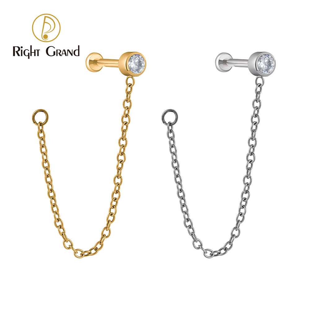 Right Grand ASTM F136 Titanium Threadless CZ Tassel Stud Earring with Connecting Chain Monroe Nose Tragus Helix Ear Piercing