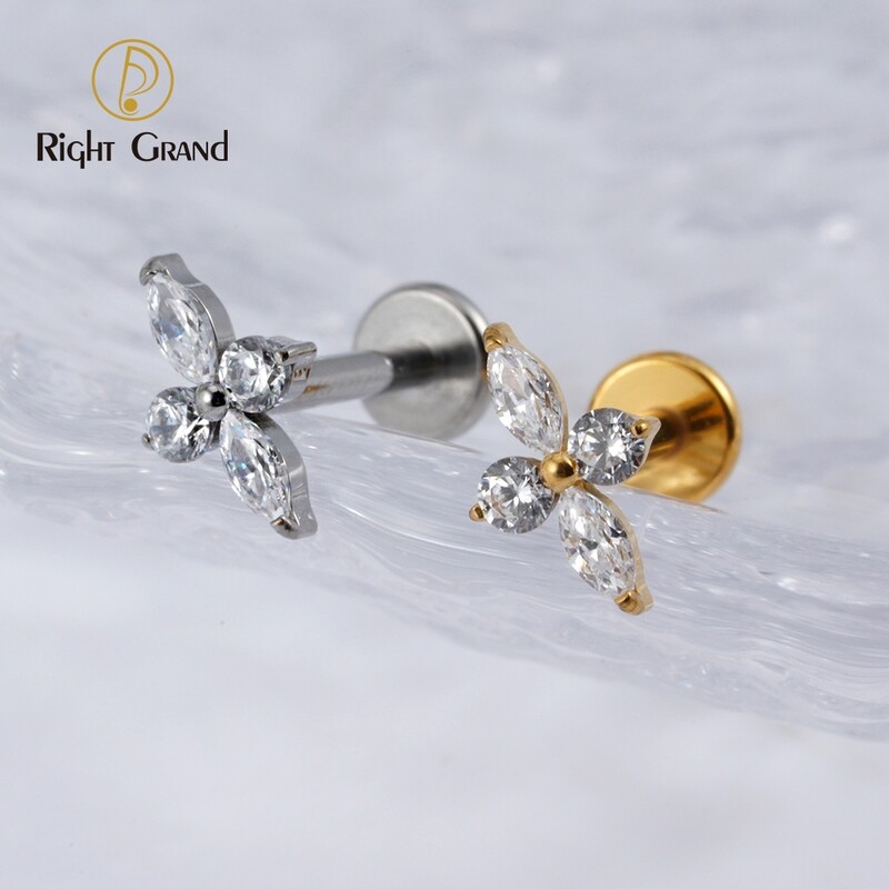 Right Grand ASTM F136 Titanium Internal Thread Prong Set CZ Flower Marquise Stud Earring Tragus Helix Cartilage Piercing