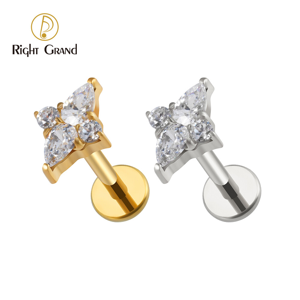 Right Grand ASTM F136 Titanium Internal Thread Flat Back Teardrop CZ Labret Monroe Lip Cartilage Helix Tragus Conch Ear Lobe Stud