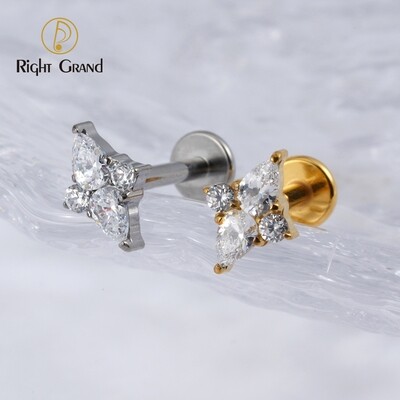 Right Grand ASTM F136 Titanium Internal Thread Flat Back Teardrop CZ Labret Monroe Lip Cartilage Helix Tragus Conch Ear Lobe Stud