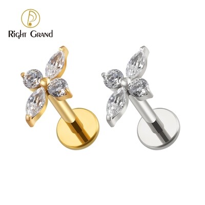 Right Grand ASTM F136 Titanium Internal Thread Prong Set CZ Flower Marquise Stud Earring Tragus Helix Cartilage Piercing