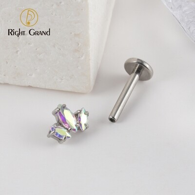 Right Grand 16G ASTM F136 Titanium Marquise CZ Internally Threaded Flat Back Labret Helix Tragus Clusters