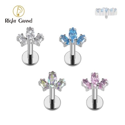 Right Grand 16G ASTM F136 Titanium Marquise CZ Internally Threaded Flat Back Labret Helix Tragus Clusters