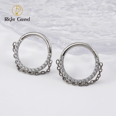 Right Grand Hinged Nose Ring Clicker ASTM F136 Titanium Mirror Polished Chain CZ  For Hinged Nose Piercing Jewelry(Chain only can anodize from 12V-65V)