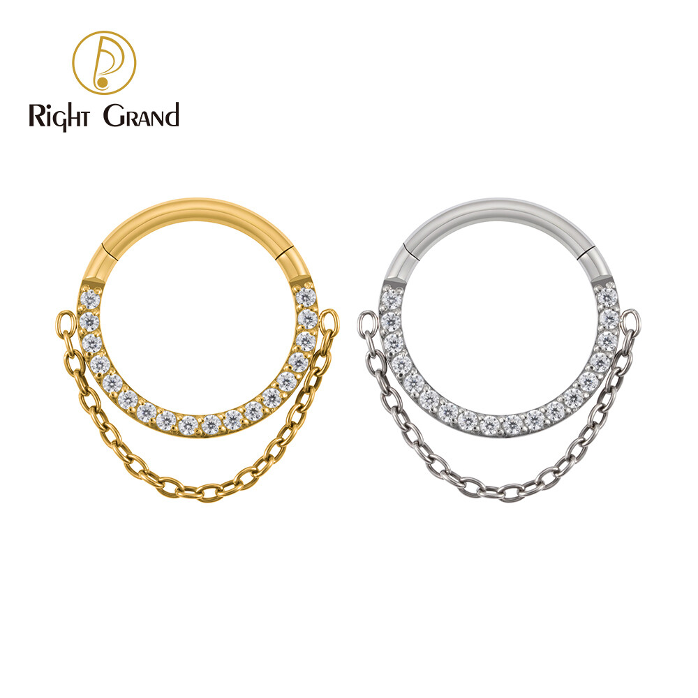 Right Grand Hinged Nose Ring Clicker ASTM F136 Titanium Mirror Polished Chain CZ  For Hinged Nose Piercing Jewelry(Chain only can anodize from 12V-65V)
