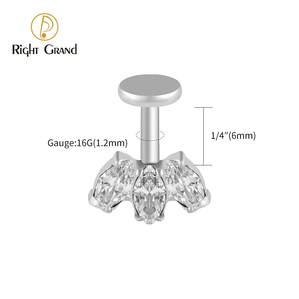 Right Grand Triple Marquise ASTM F136 Titanium Internal Thread Cubic Zirconia Prong Set  Vertical Helix Piercing Ear Cartilage, Color: Titanium/Clear CZ, Size: 16G-1/4&quot;(1.2*6mm)
