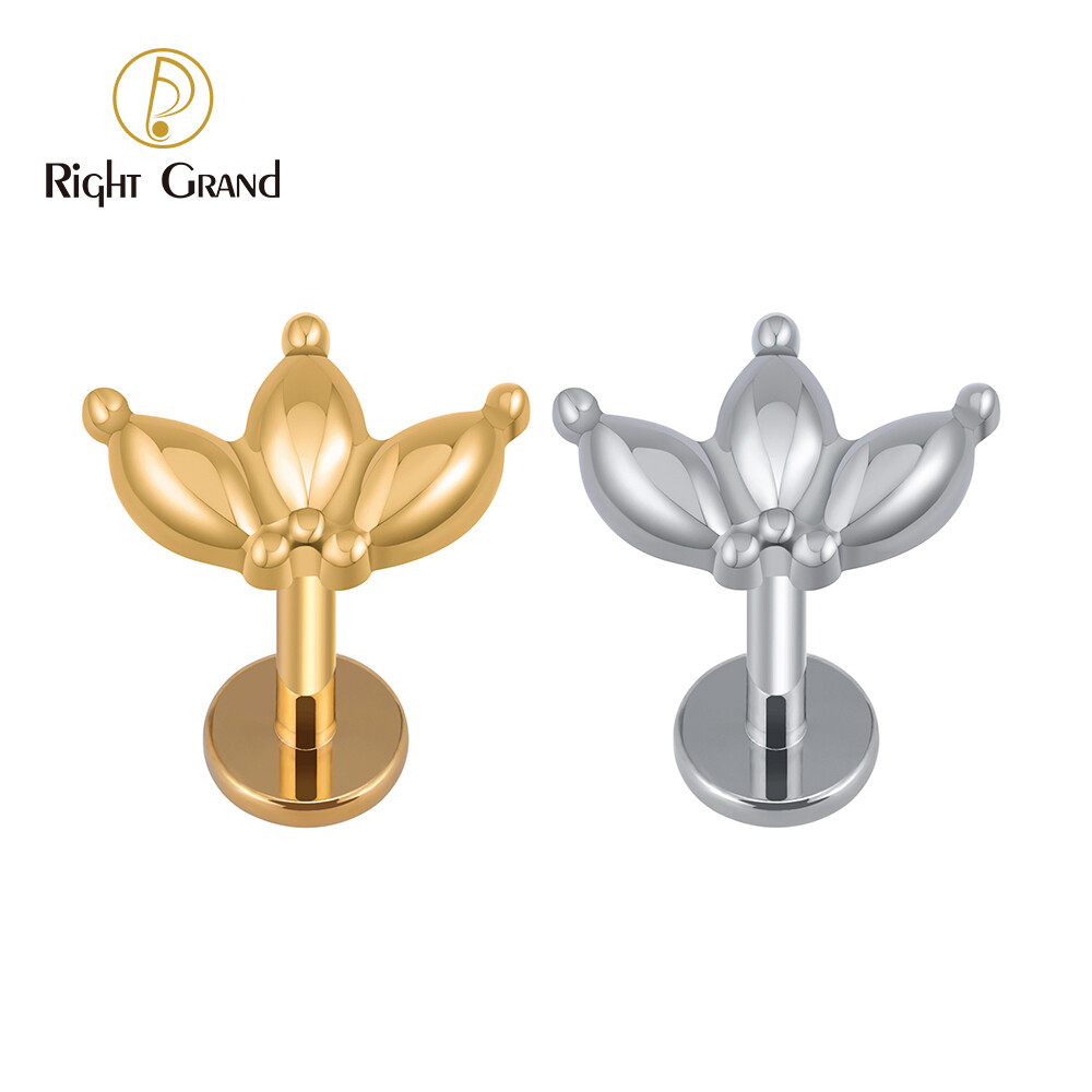Right Grand 16G ASTM F136 Titanium Marquise Internally Threaded Flat Back Labret Helix Tragus Piercing Body Jewelry