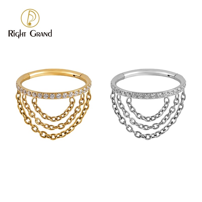 Right Grand Titanium Triple Stacked CZ Chain Conch Piercing Rings(Chain only can anodize from 12V-65V)