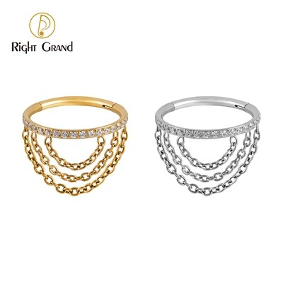 Right Grand Titanium Triple Stacked CZ Chain Conch Piercing Rings(Chain only can anodize from 12V-65V)