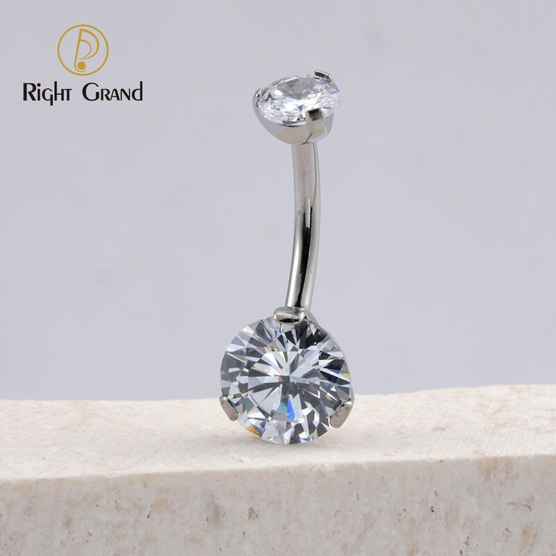 Right Grand ASTM F136 Titanium Implant Grade Double Prong Set 5A CZ Internal Thread Piercing Banana Belly Navel Ring