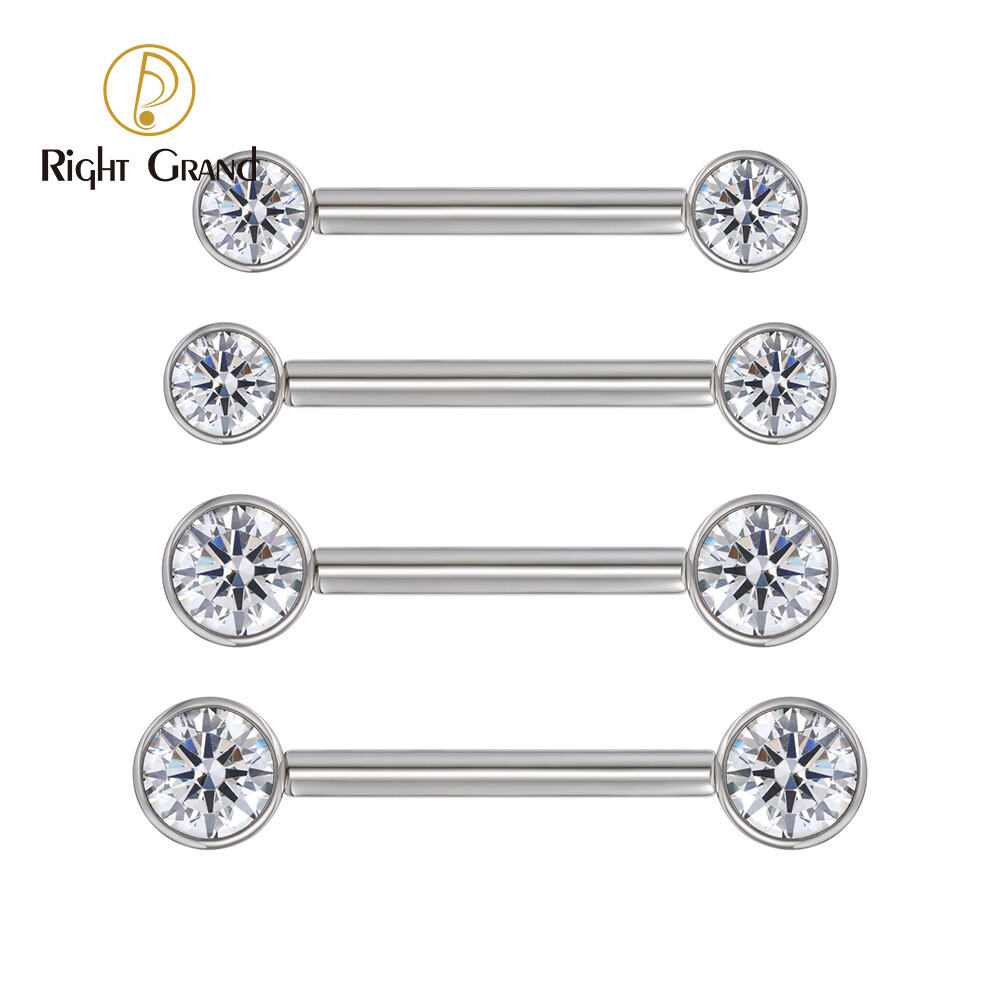 Right Grand Implant Grade ASTM F136 Titanium Internal Thread Bezel Set Cubic Zircon Nipple Piercing Ring
