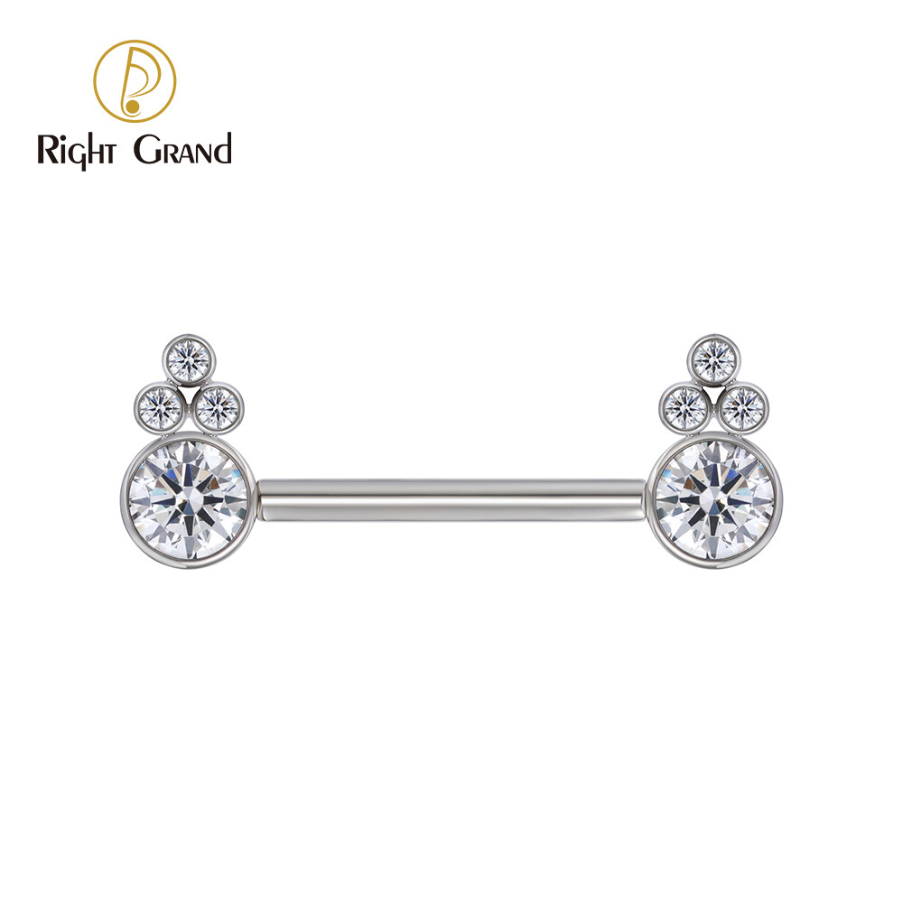 Titanium ASTM F136 Threadless Push-In Barbell with Opal Center And Zircon Cluster On Each Side Nipple Ring