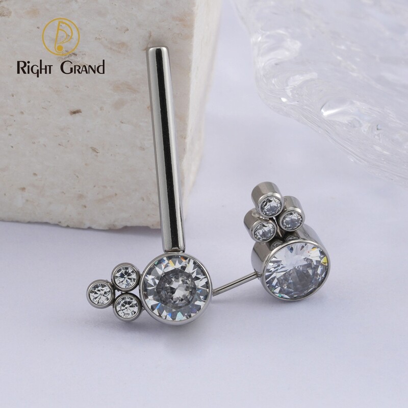 Titanium ASTM F136 Threadless Push-In Barbell with Opal Center And Zircon Cluster On Each Side Nipple Ring
