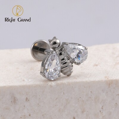 Right Grand Bee 16G Internal Thread ASTM F136 Titanium CZ Ear Tragus Cartilage Helix Labret Piercing