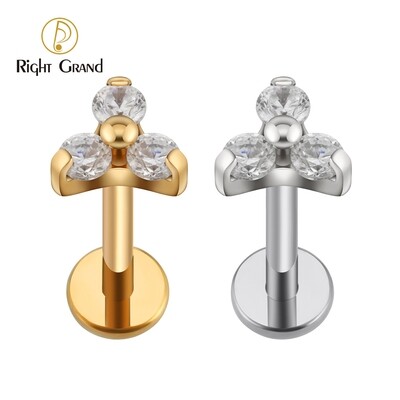 Right Grand Implant Grade ASTM F136 Titanium Trinity Prong Set 5A Grade CZ Gem Internally Threaded Cartilage Monroe Piercing