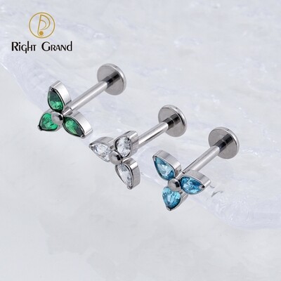 Right Grand 3 Petal Flowers Trinity Teardrop CZ ASTM F136 Titanium  Internal Thread Ear Tragus Cartilage Helix Labret Piercing