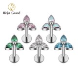 Right Grand 3 Petal Flowers Trinity Teardrop CZ ASTM F136 Titanium  Internal Thread Ear Tragus Cartilage Helix Labret Piercing