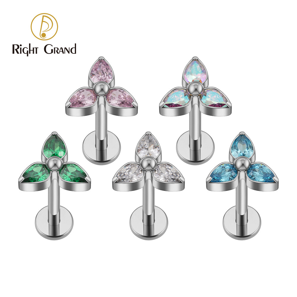 Right Grand 3 Petal Flowers Trinity Teardrop CZ ASTM F136 Titanium  Internal Thread Ear Tragus Cartilage Helix Labret Piercing