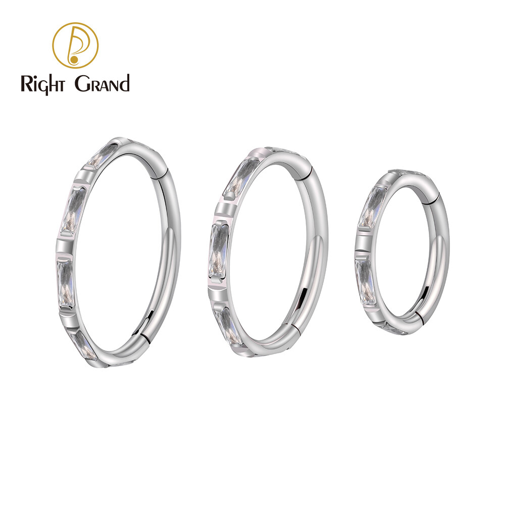 Right Grand Implant Grade ASTM F136 Titanium Prong Set Rectangle Opal Hinged Segment Ring Conch Helix Piercing