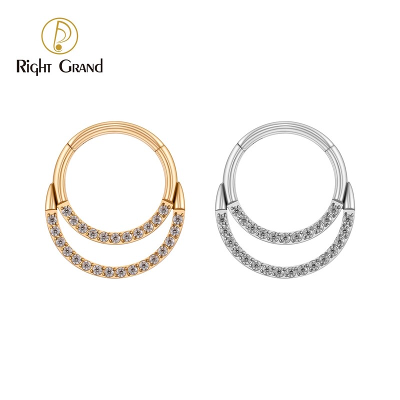 Right Grand 16G Implant Grade Titanium ASTM F136 Double Layers Prong Set Zircon Hinged Segment Rings Ear Daith Piercing