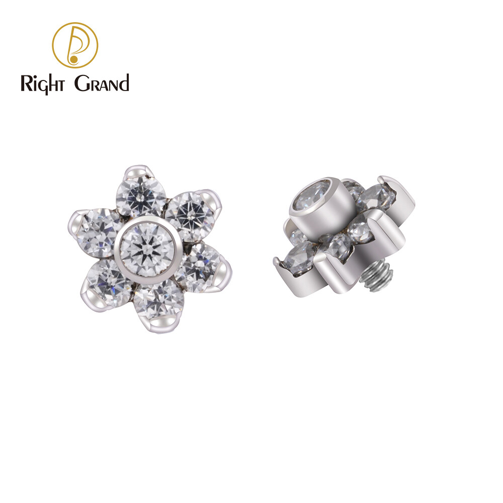Right Grand Implant Grade ASTM F136 Titanium Internally Threaded Opal Zircon Alternative Prong Set Flower Top