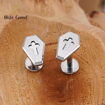 Right Grand 16G Gothic Coffin With Cross ASTM F136 Titanium Internally Threaded Ear Cartilage Helix Labret Stud