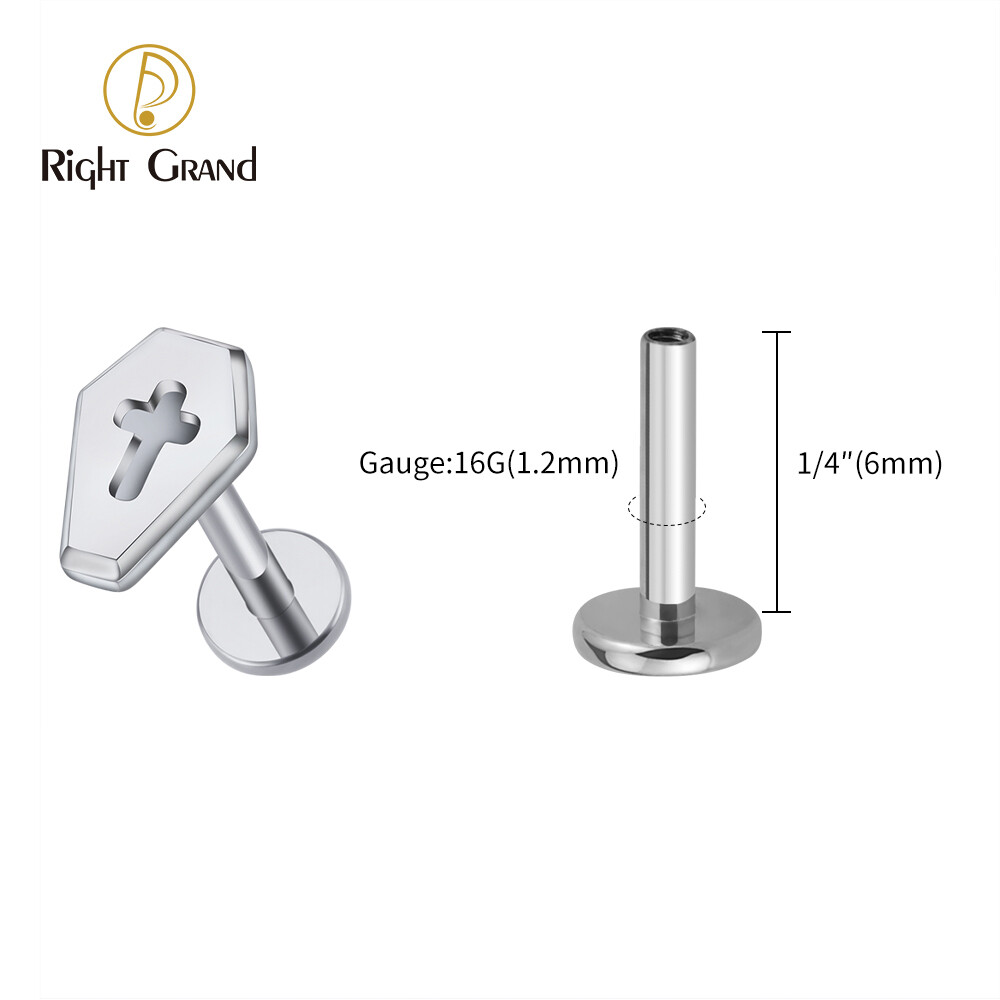 Right Grand 16G Gothic Coffin With Cross ASTM F136 Titanium Internally Threaded Ear Cartilage Helix Labret Stud, Size: 16G-1/4&quot;(1.2*6mm), Color: Titanium