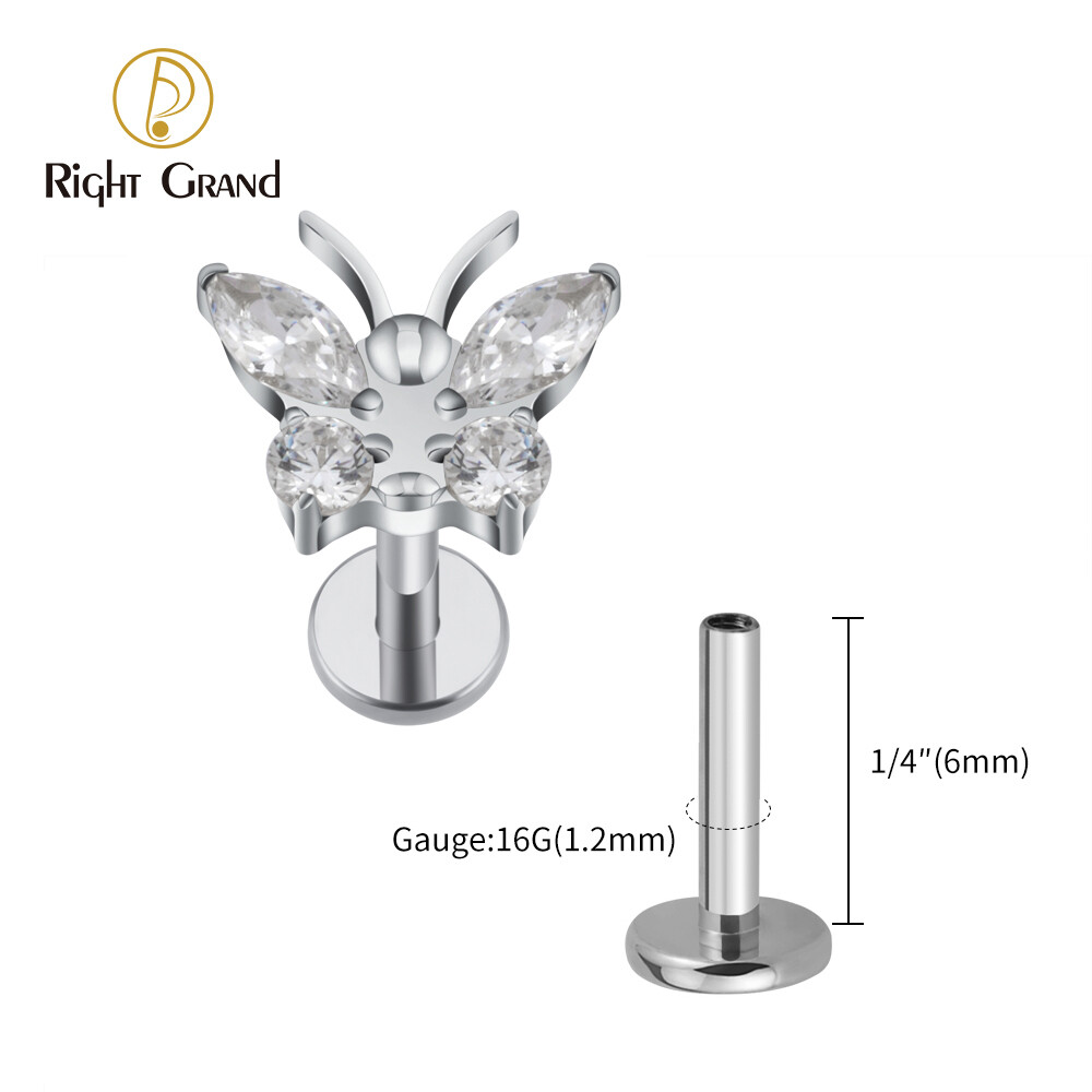 Right Grand 16G Butterfly CZ ASTM F136 Titanium Internally Threaded Ear Tragus Helix Labret Piercing, Size: 16G-1/4&quot;(1.2*6mm), Color: Titanium / Clear