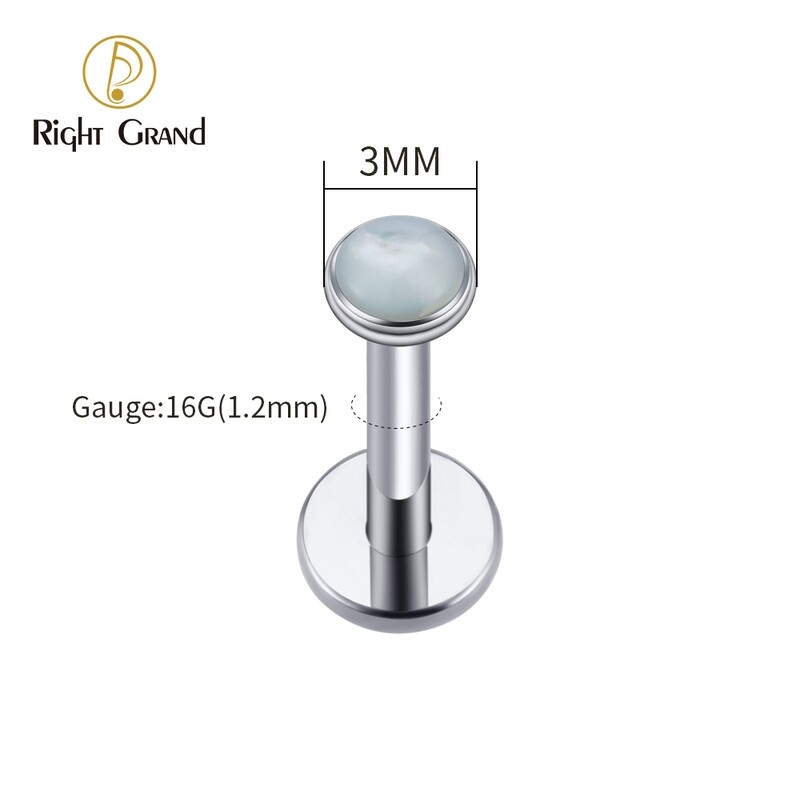 Right Grand 16G Organic Pearl &amp; Abalone Shell Labret ASTM F136 Titanium Internal Thread Monroe Lip Ring Helix Cartilage Earring Flat Back Piercing, Size: 16G-1/4&quot;(1.2*6*3mm), Color: Titanium / White Shell