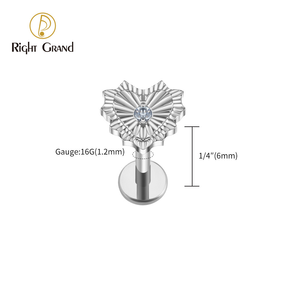 Right Grand 16G Bad Romance Heart Piercing ASTM F136 Titanium Internally Threaded Ear Cartilage Helix Labret Stud, Size: 16G-1/4&quot;(1.2*6mm), Color: Titanium / Clear