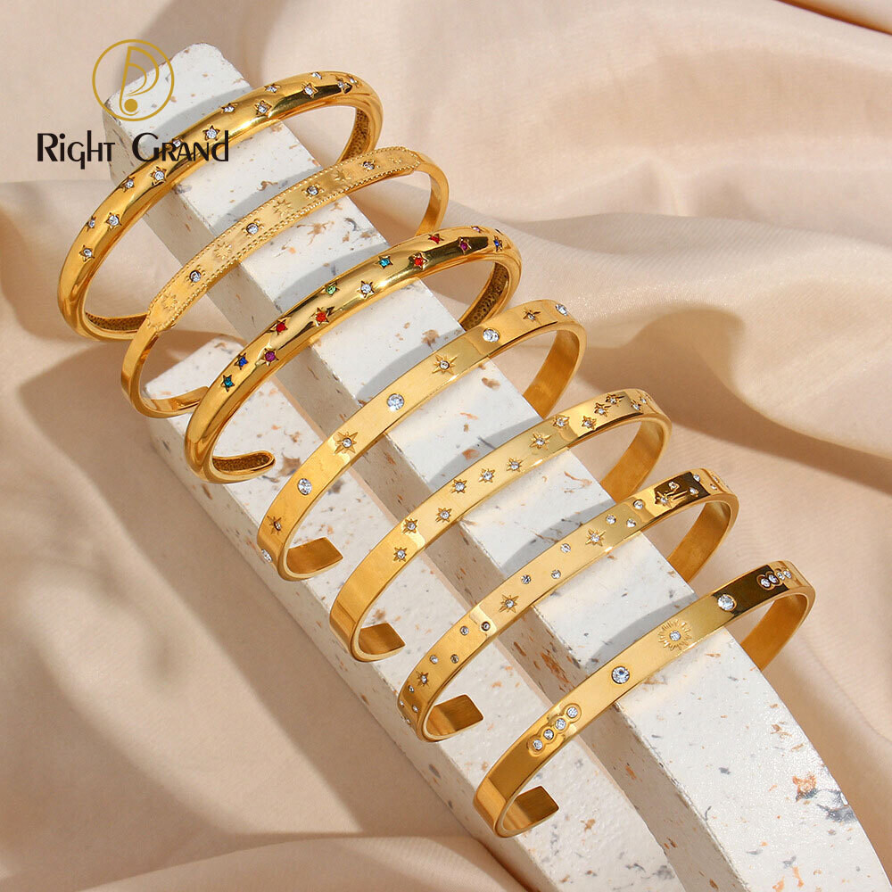 Right Grand Women Fashion Jewelry Tarnish Free Open Bangle Gold Plated Star Cubic Zirconia Stainless Steel Cuff Bracelet