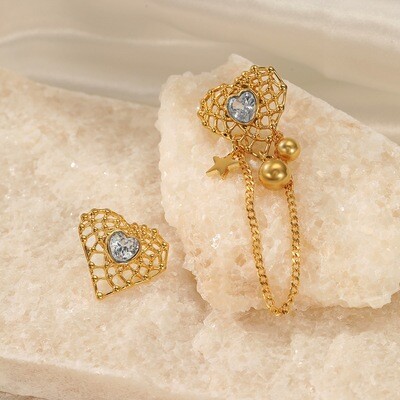 Right Grand Fashion Vintage Chunky Jewelry Women Asymmetrical Gold Plated Stainless Steel Zircon Heart Shape Earrings