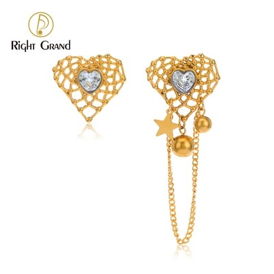 Right Grand Fashion Vintage Chunky Jewelry Women Asymmetrical Gold Plated Stainless Steel Zircon Heart Shape Earrings