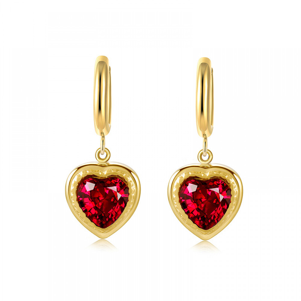 Right Grand Women Trendy Jewelry Stainless Steel 14K Gold Plated Green Cubic Zirconia Heart Hoop Earrings, color: 14K Gold + Red zircon, size: 1cm*3cm