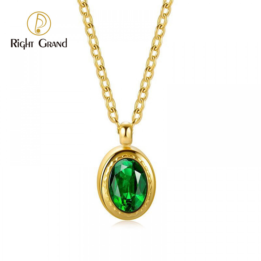 Right Grand High Quality Stainless Steel Jewelry Geometric Oval Gold Plated Green Diamonds Cubic Zirconia Pendant Necklace