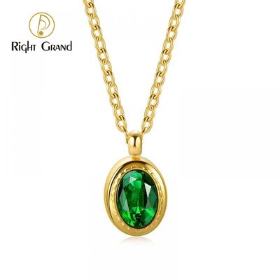 Right Grand High Quality Stainless Steel Jewelry Geometric Oval Gold Plated Green Diamonds Cubic Zirconia Pendant Necklace