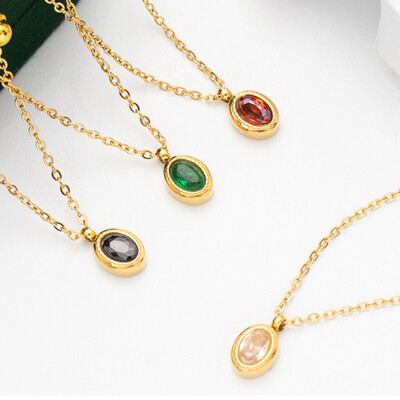 Right Grand High Quality Stainless Steel Jewelry Geometric Oval Gold Plated Green Diamonds Cubic Zirconia Pendant Necklace