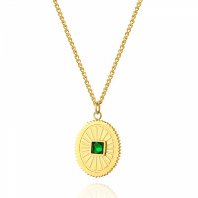 Right Grand New Trendy Jewelry Stainless Steel 14K Gold Plated Colorful Diamonds Cubic Zirrcoaia Pendant Necklace, color: PVD 14K Gold Plated + Green zircon, size: 39cm