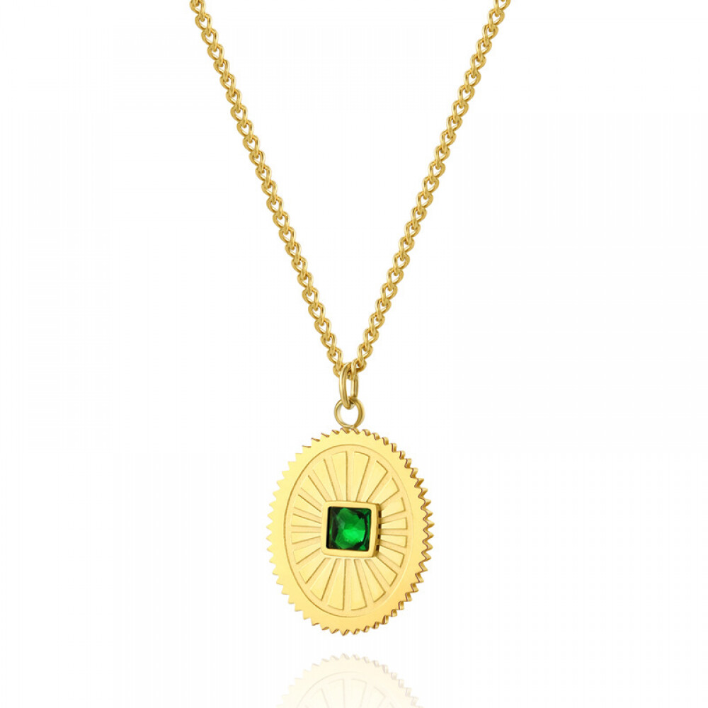 Right Grand New Trendy Jewelry Stainless Steel 14K Gold Plated Colorful Diamonds Cubic Zirrcoaia Pendant Necklace, color: PVD 14K Gold Plated + Green zircon, size: 39cm