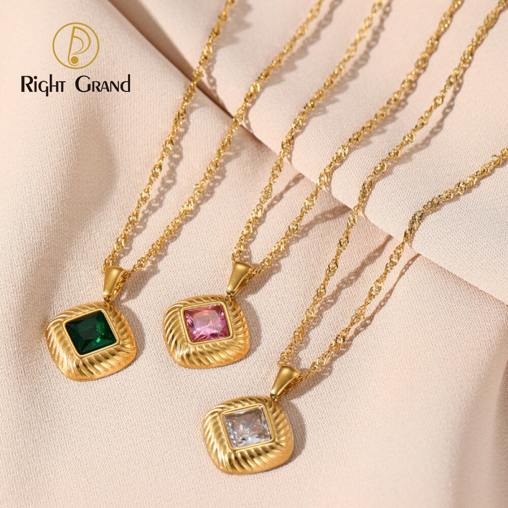 Right Grand Simple Woman Stainless Steel Square Threaded 14K Gold Plated Colorful Diamonds Cz Zircon Pendant Necklace